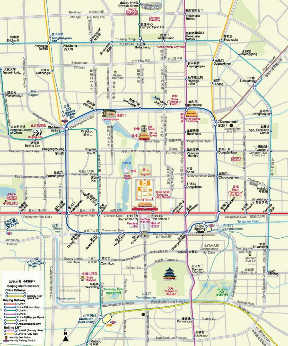 mapa de Beijing subway mapa con lugares de interés turístico